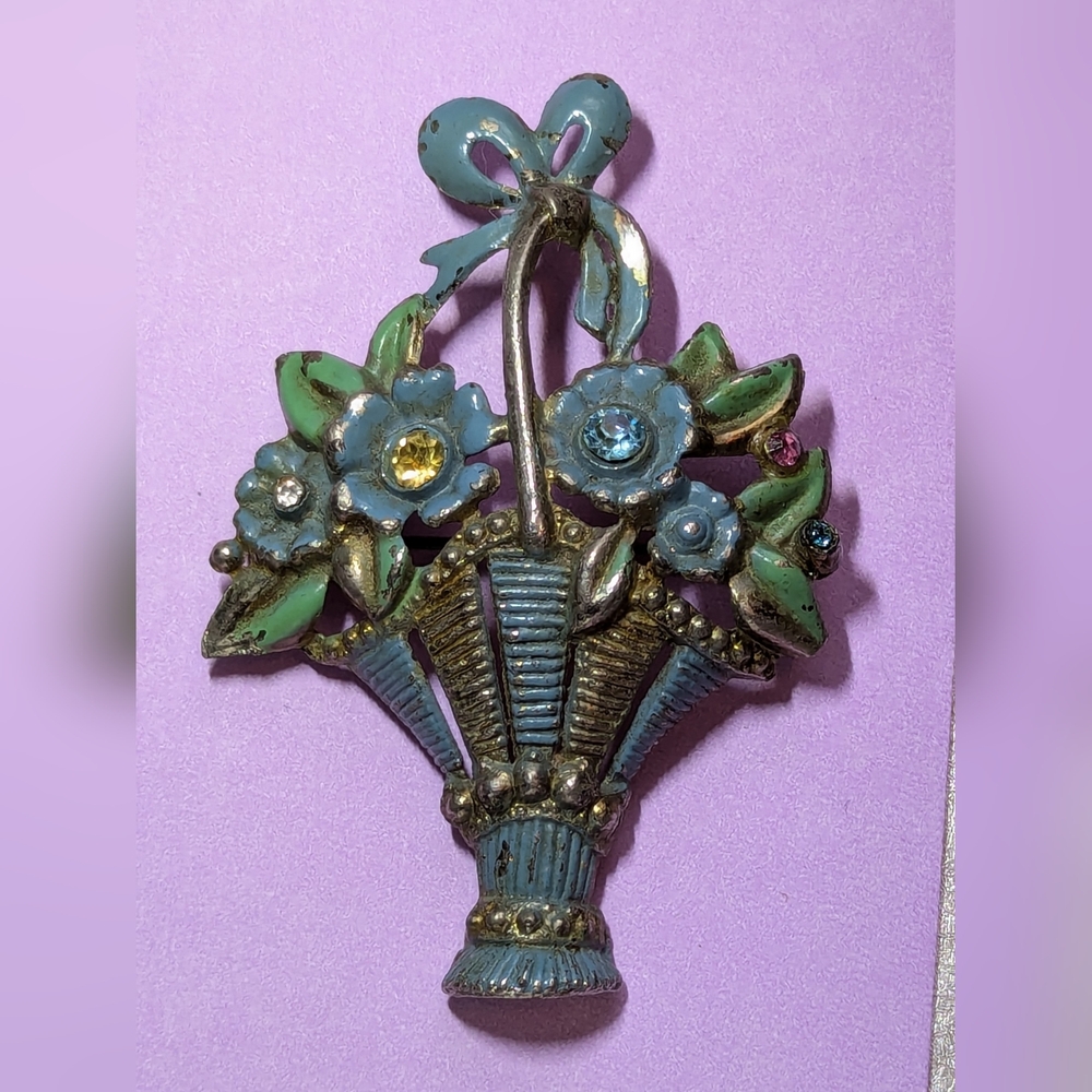 Vintage Brooch Floral Basket Large Pin Enamel Rhinestones